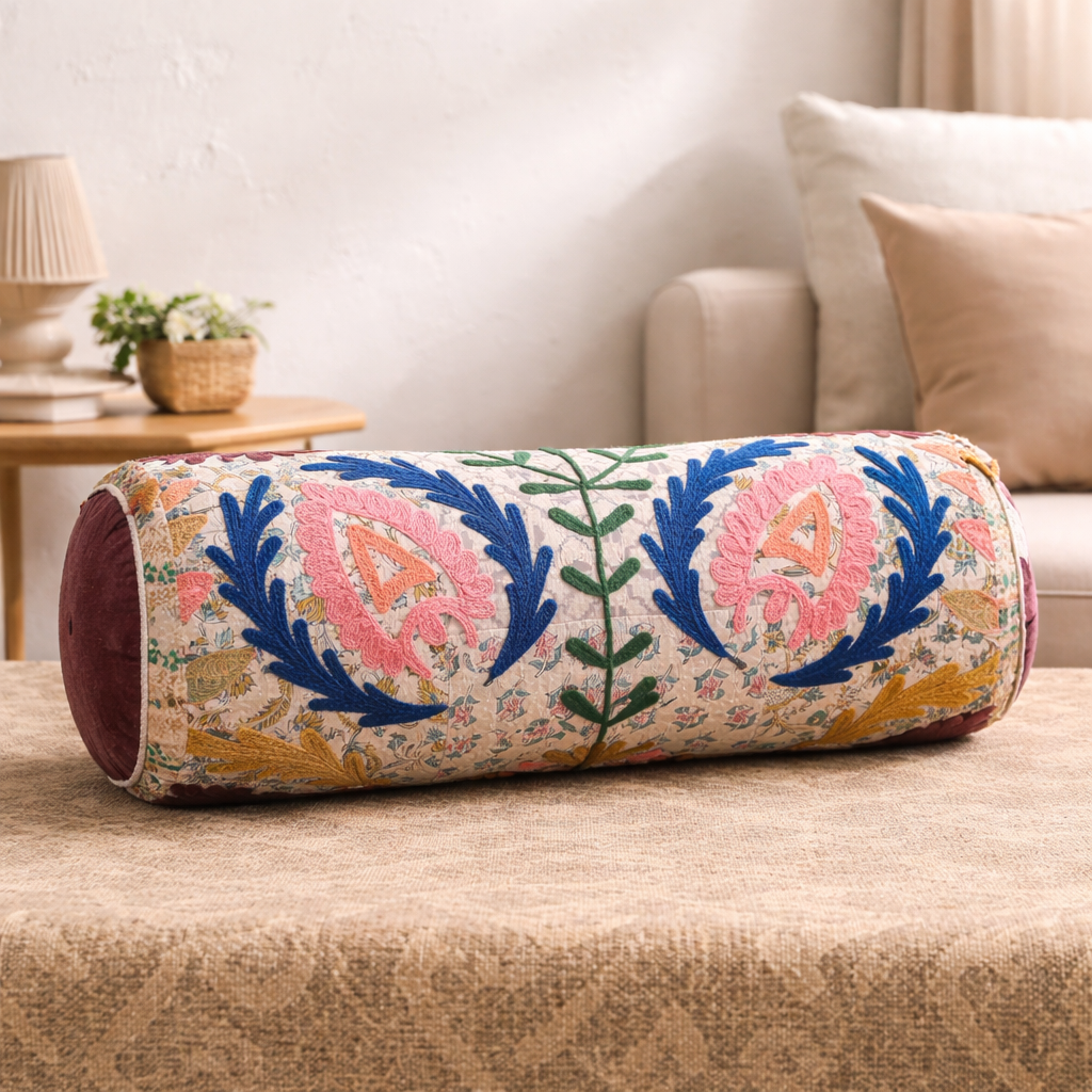 Floral Embroidered Cotton Bolster Cushion Multicolor 53 x 20