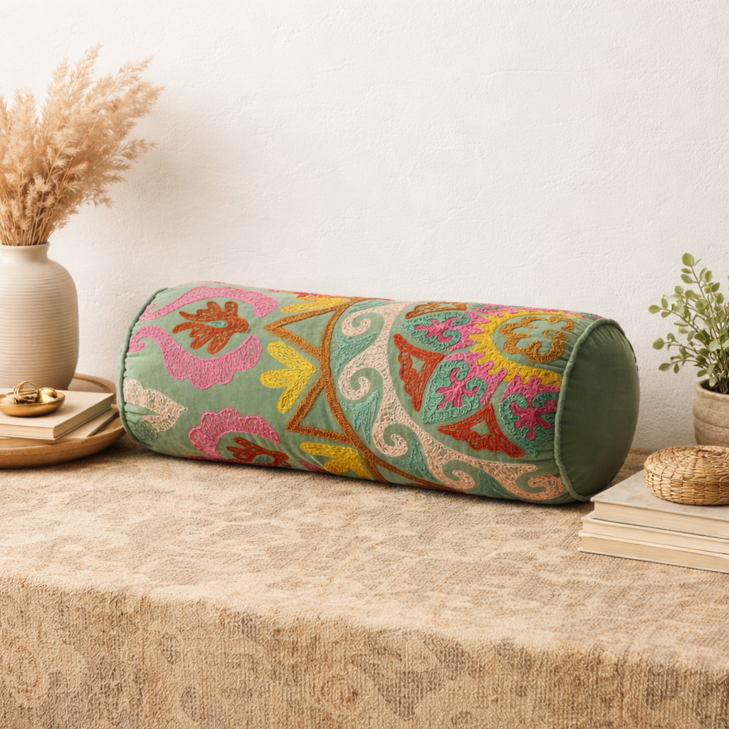 Embroidered Cotton Bolster Cushion Multicolor 53 x 20 cm