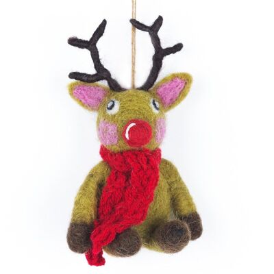 Renna di Natale biodegradabile in feltro fatto a mano con decorazione appesa a sciarpa lavorata a maglia