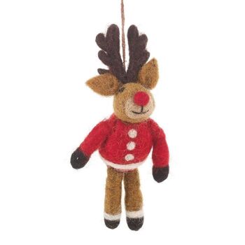 Rudolph de Noël biodégradable en feutre fait à la main dans sa décoration suspendue de pull de Noël 1