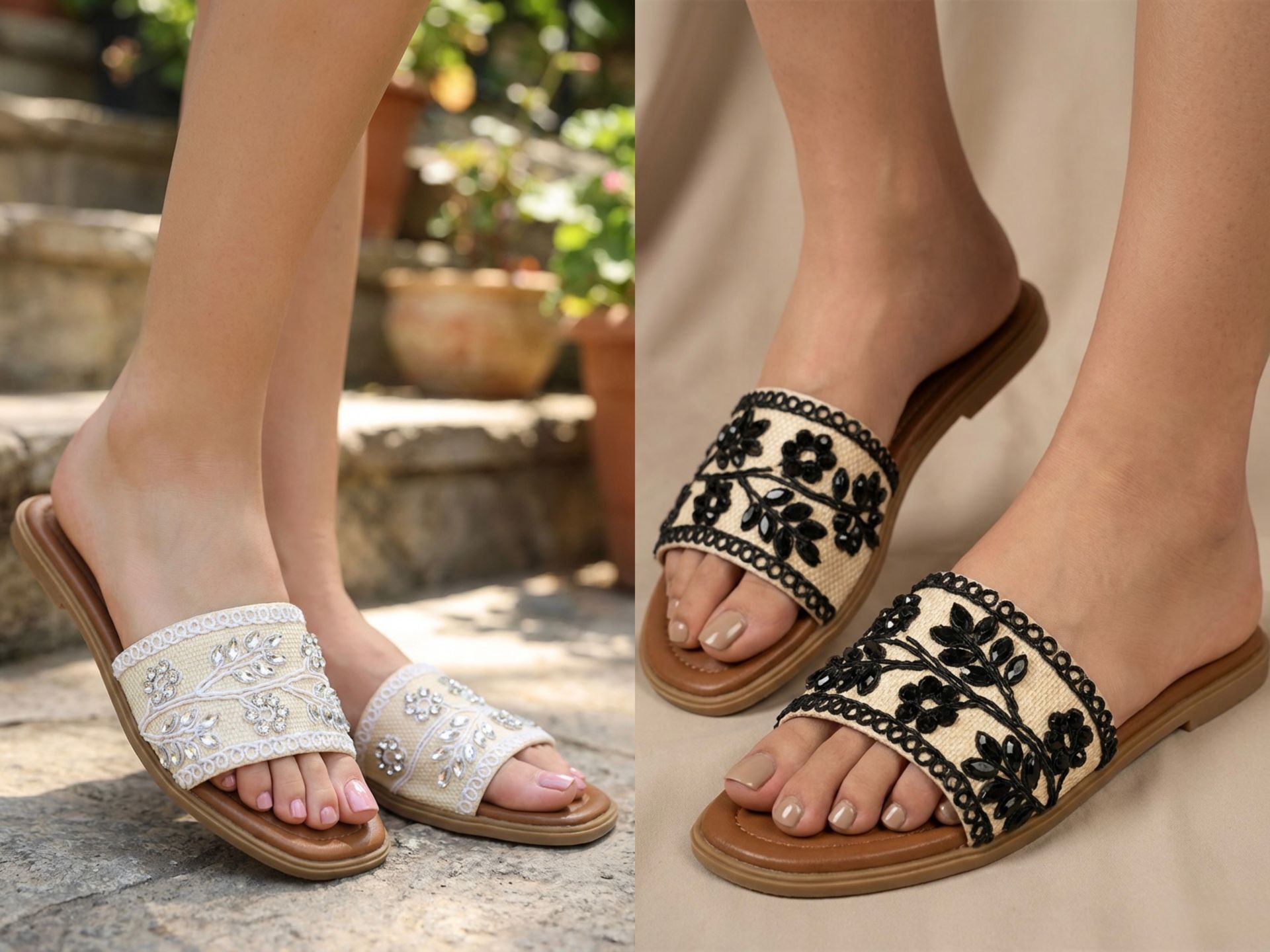 Women's Floral Crystal & Pearl Embellished Bohemian Flats (PACK OF 12 PAIRS UK3-UK8)