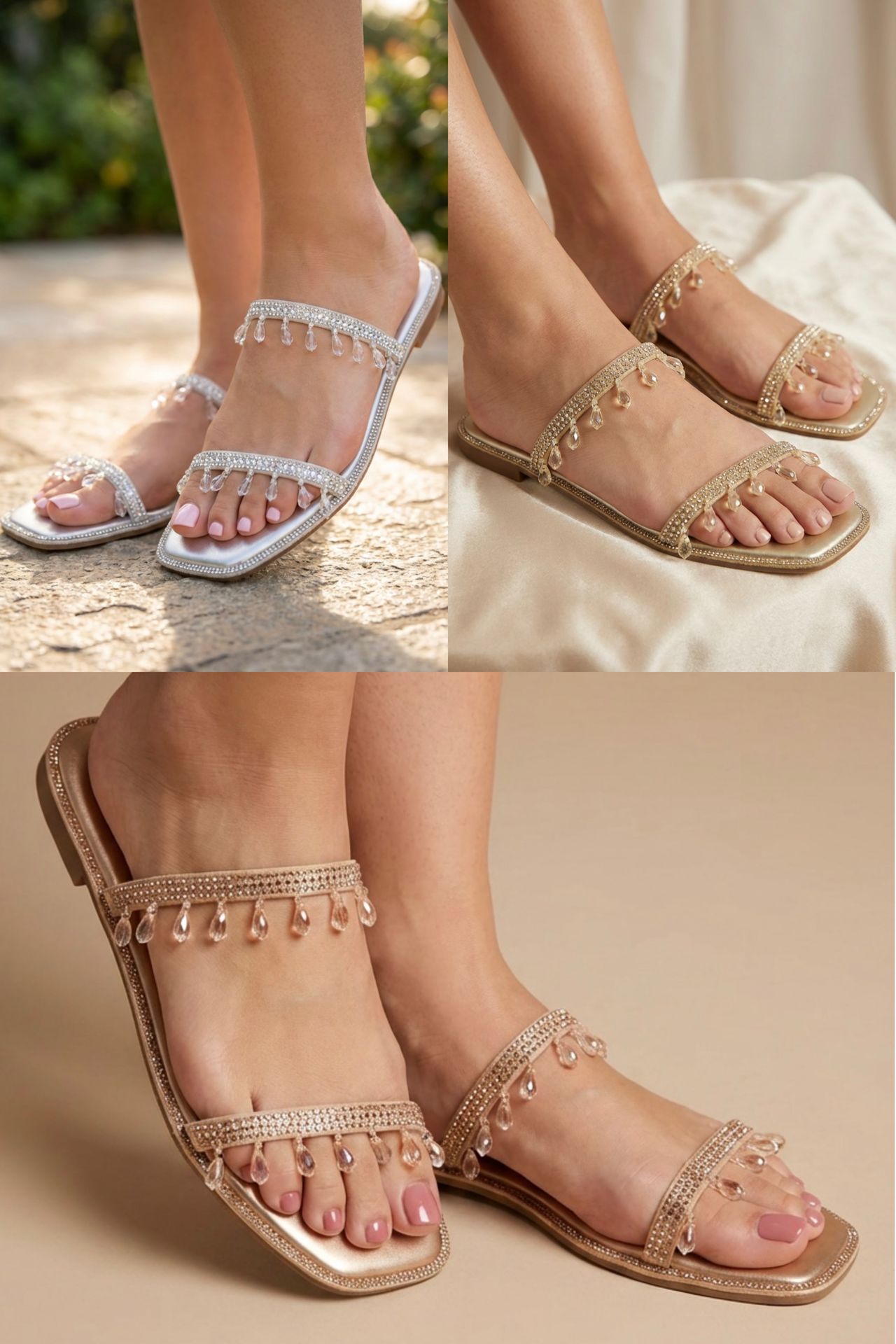Women's Crystal Fringe Sparkly Double-Strap Flat Sandals (PACK OF 12 PAIRS UK3-UK8)