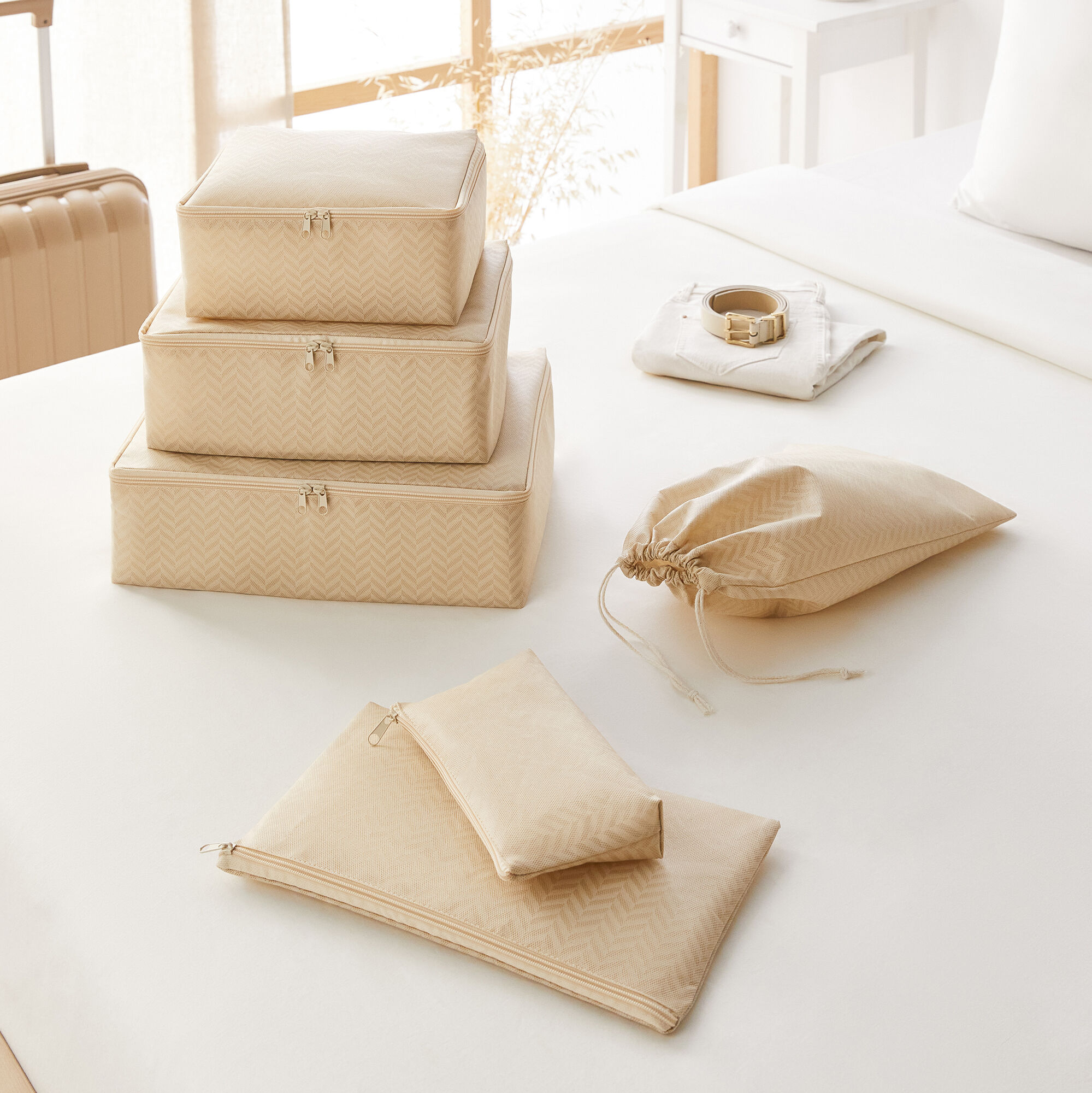 Reise-Organizer, 6er-Set, Fischgrätenmuster, Beige
