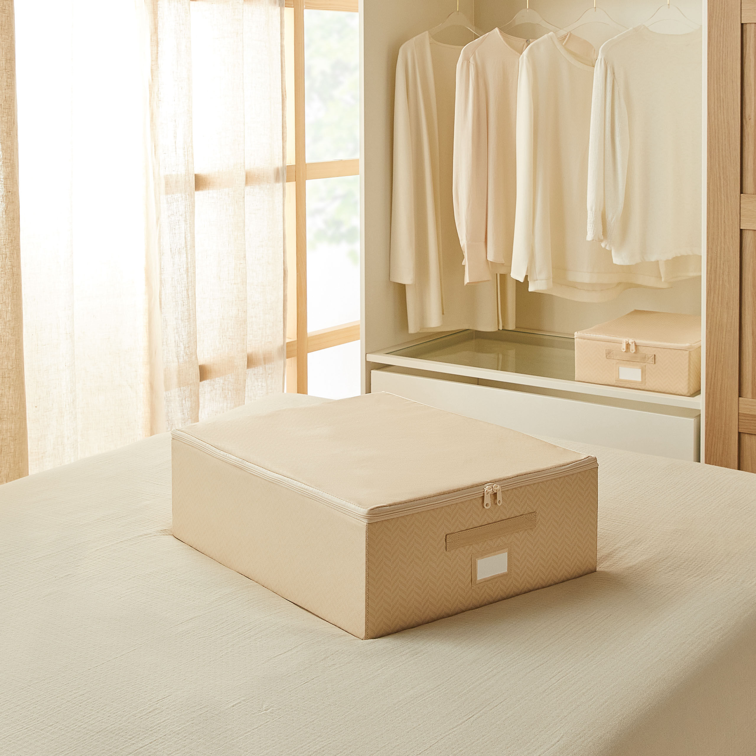 Aufbewahrungsbox, mittelgroß, Fischgrätmuster, beige