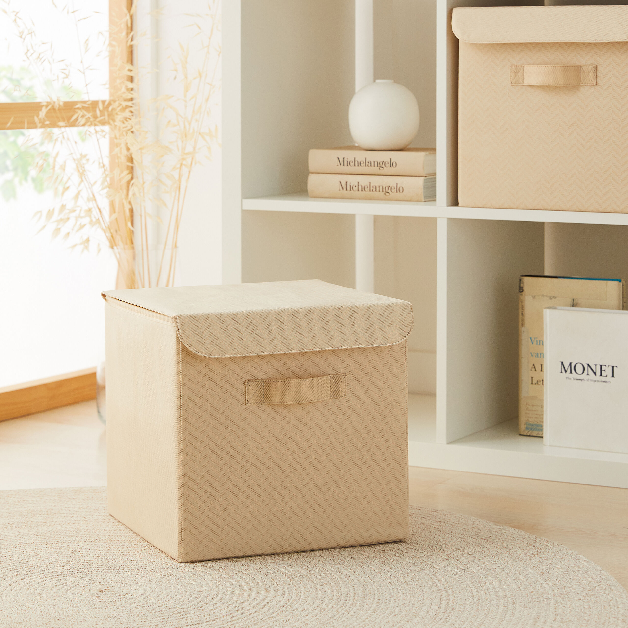 Aufbewahrungsbox mit Deckel, Fischgrätmuster, Beige
