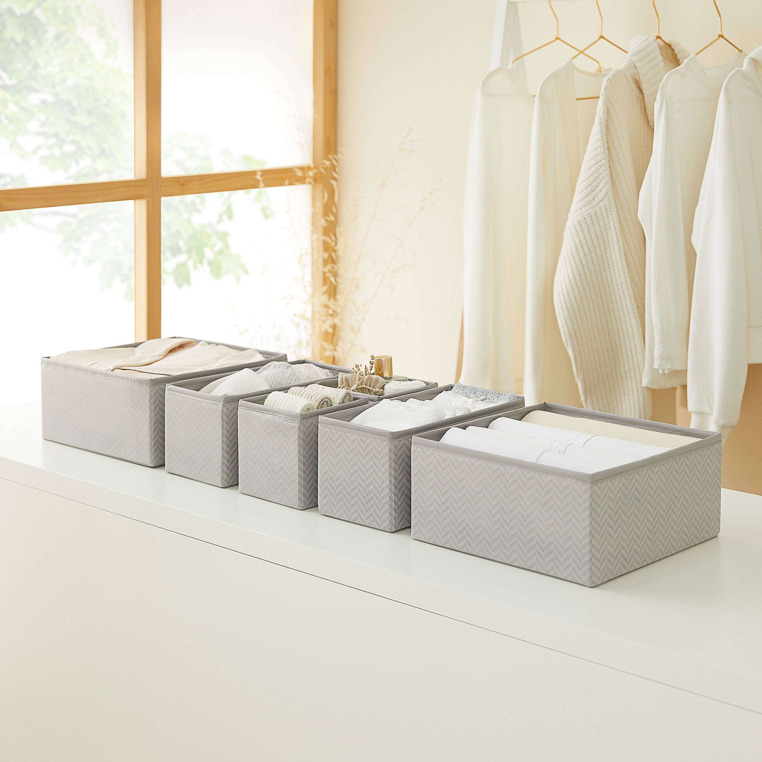 Schubladenorganizer-Set, 6-teilig, Fischgrätmuster, Grau