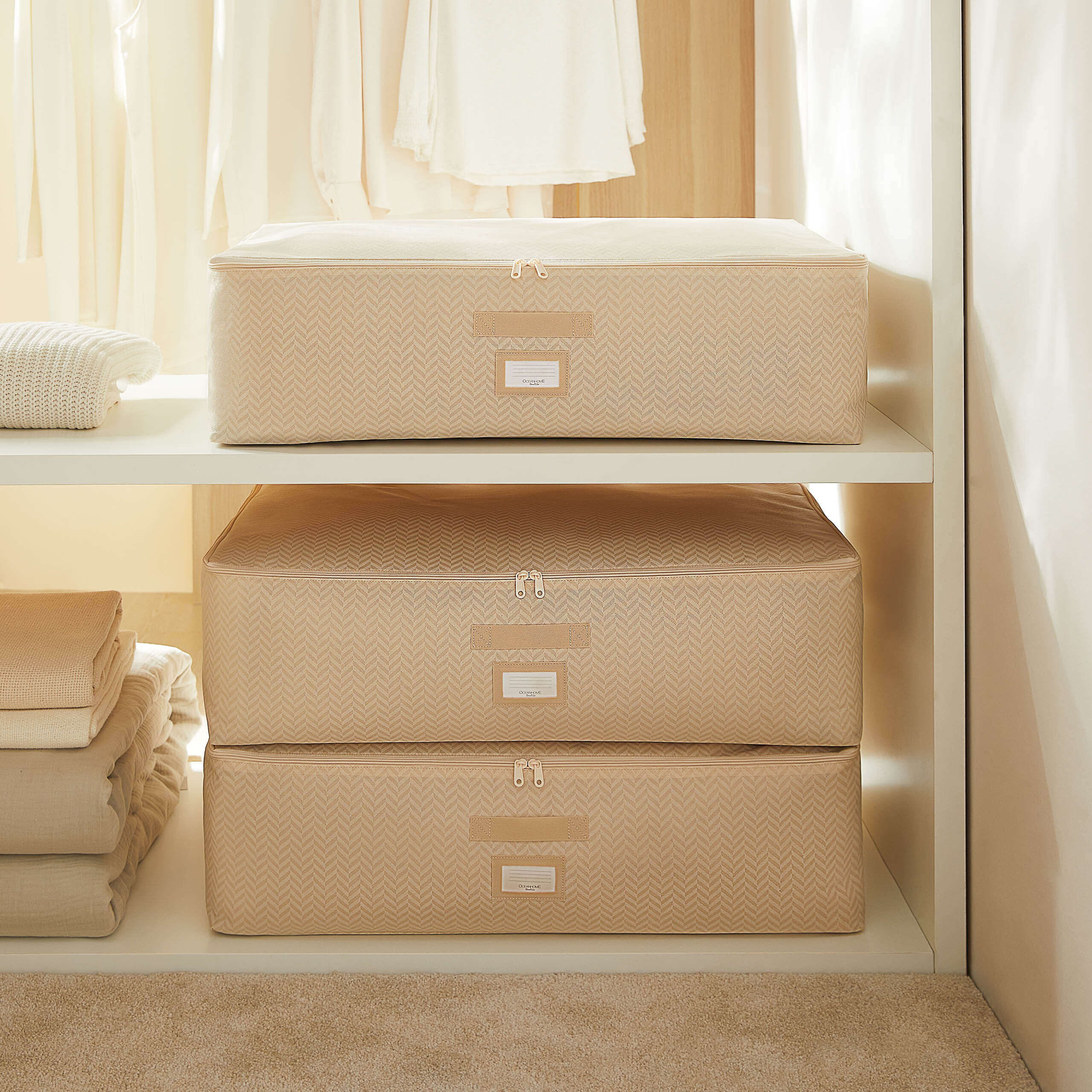 Aufbewahrungstasche für unter das Bett, 3er-Pack, extra groß, Fischgrätenmuster, beige