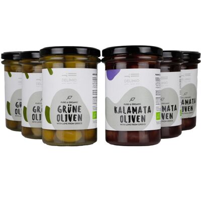 Confezione doppia da sei - 6 x Verdi + 6 x Olive Biologiche Kalamata