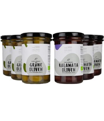 Double pack de six - 6 x Verts + 6 x Olives biologiques Kalamata 1