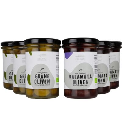 Double pack de six - 6 x Verts + 6 x Olives biologiques Kalamata