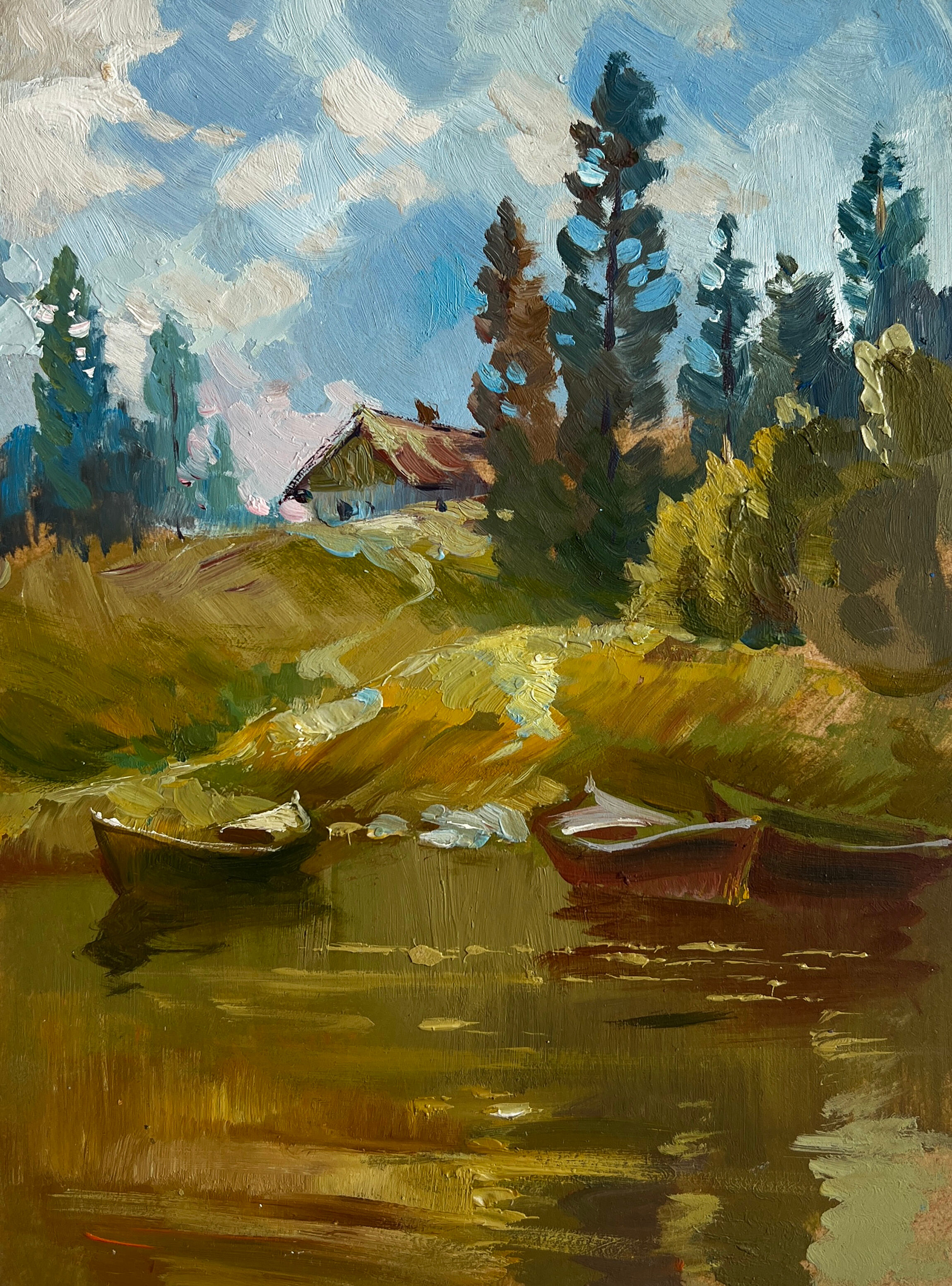 Dipinto ad olio "Silenzio nella natura vicino al lago" di Yuriy Suprunchuk, 20x15 cm.