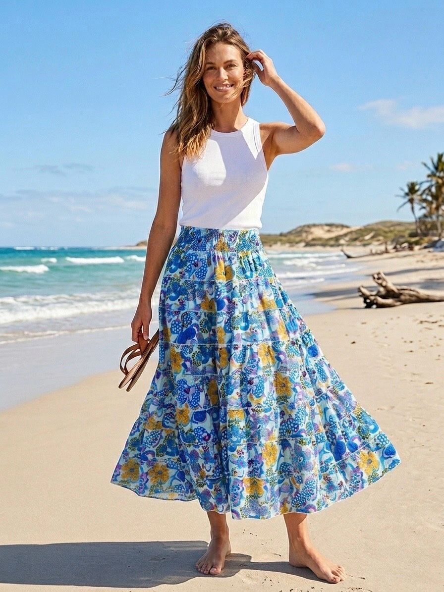Long smocked bohemian cotton skirt