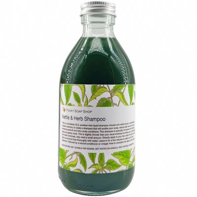 Champú líquido de ortiga y hierbas, botella de vidrio de 250 ml