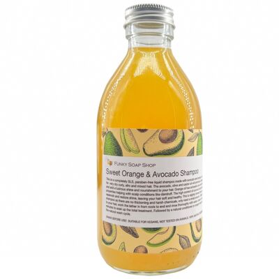 Champú líquido de naranja dulce y aguacate, botella de vidrio de 250 ml