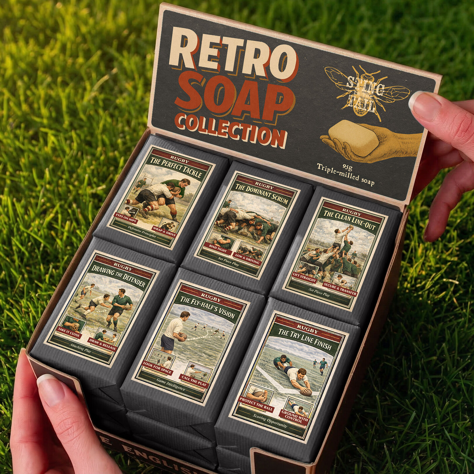 Retro Soaps CDU - Rugby (95g Olive Soaps) 18pc