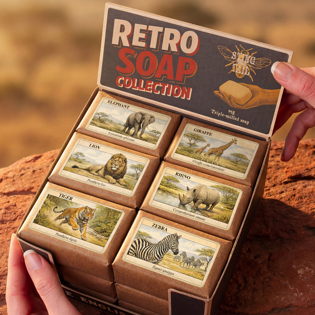 Retro Soaps CDU - Safari (95g Olive Soaps) 18pc