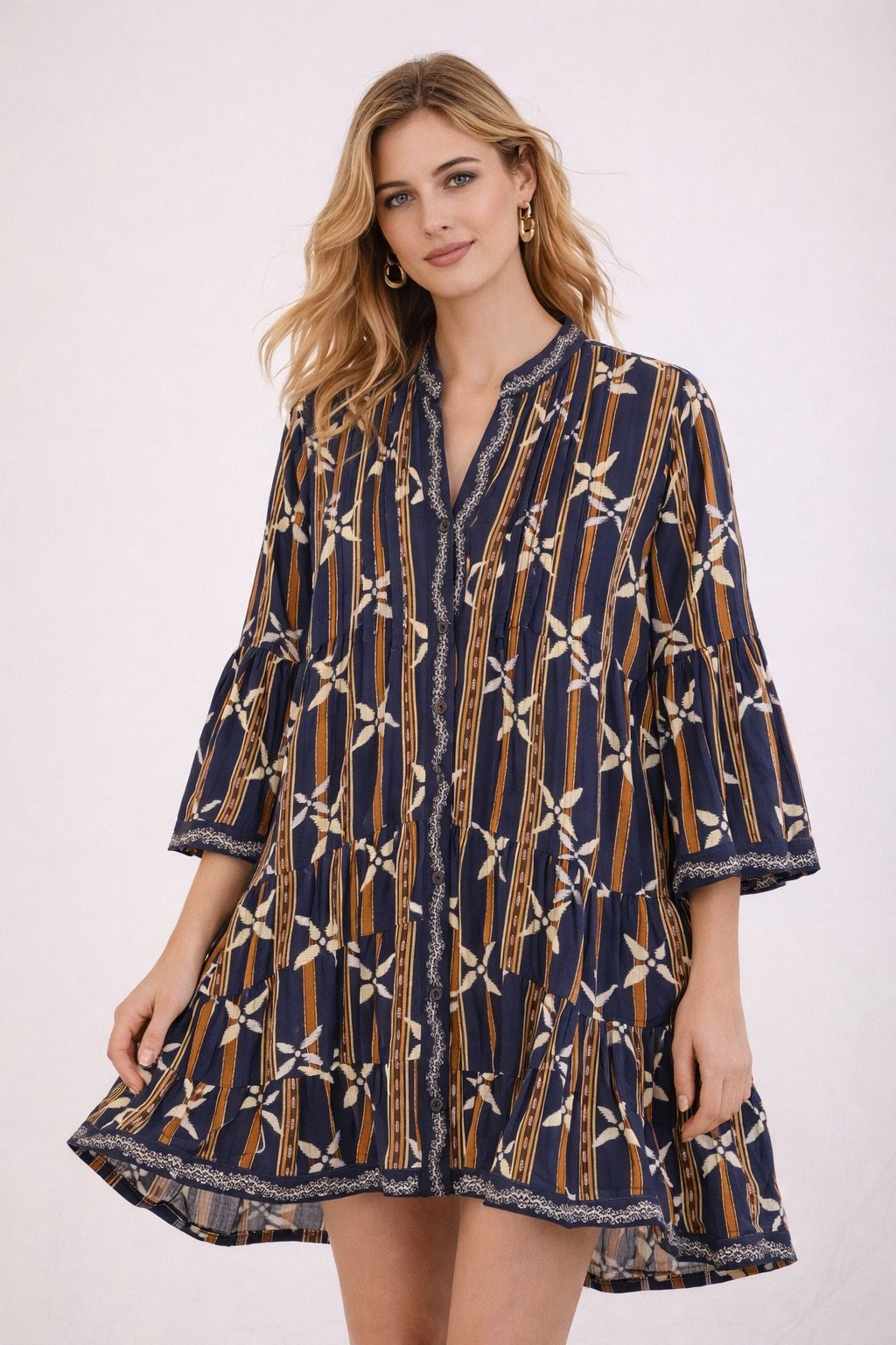 Short bohemian trapeze dress in cotton