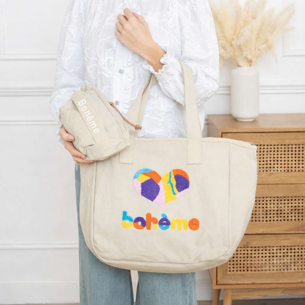 Bohemian tote bag in embroidered cotton denim – multicolored heart