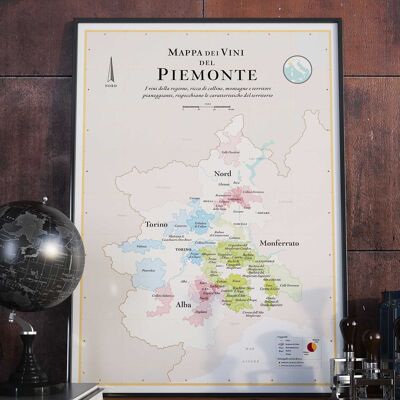 Mapa del vino de Piamonte (en italiano / Italiano - Mappa dei vini del Piemonte) - 50x70cm
