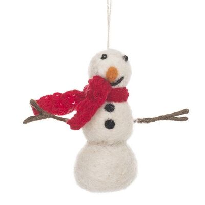 Bonhomme de neige en feutre fait à la main avec écharpe tricotée décoration suspendue biodégradable