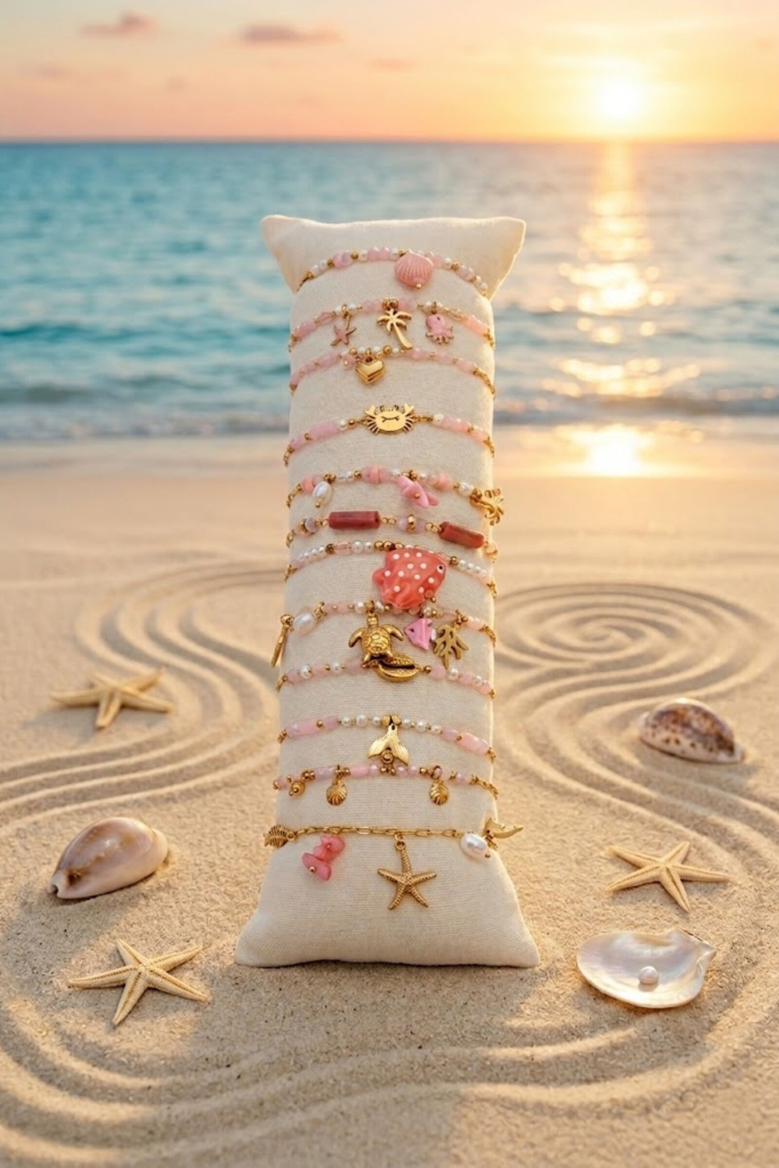 Lot de 12 Bracelets Thème Marin Rose en Acier Inoxydable – Modèles Assortis + Présentoir Offert