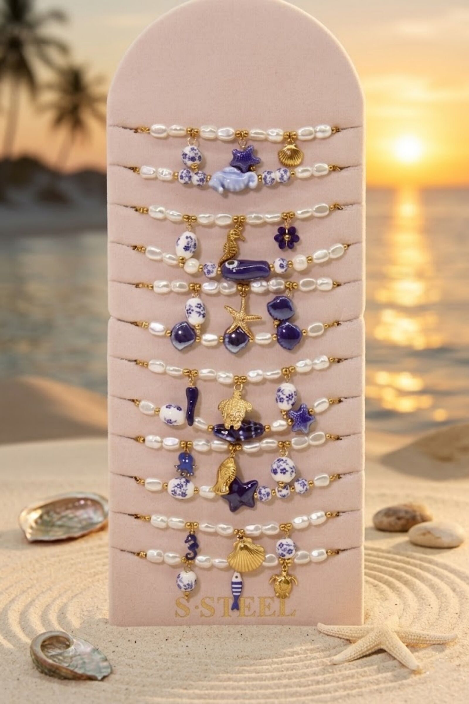 Lot de 12 Bracelets Thème Marin  en Acier Inoxydable – Modèles Assortis + Présentoir Offert
