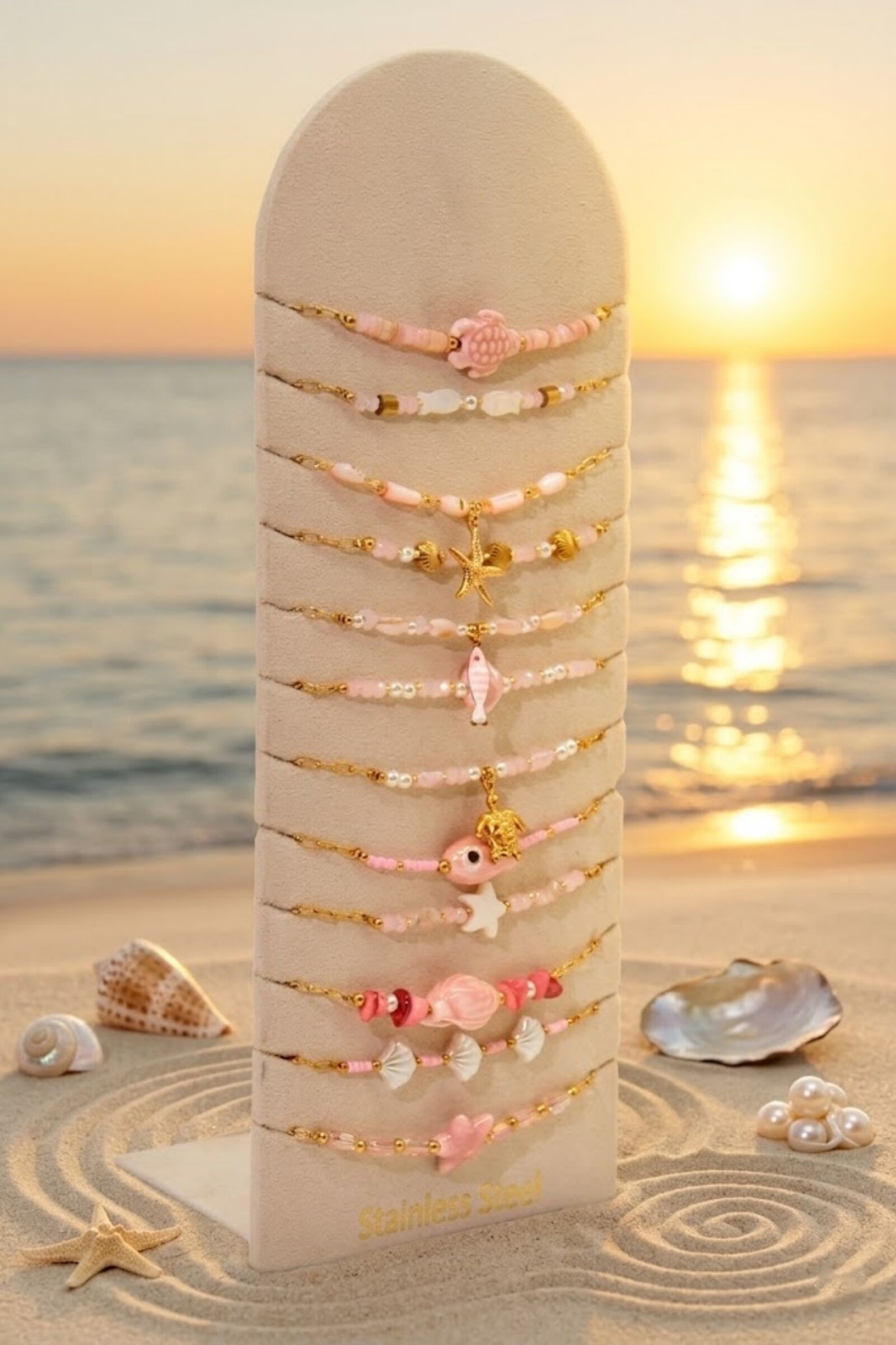 Lot de 12 Bracelets Thème Marin en Acier Inoxydable – Modèles Assortis + Présentoir Offert