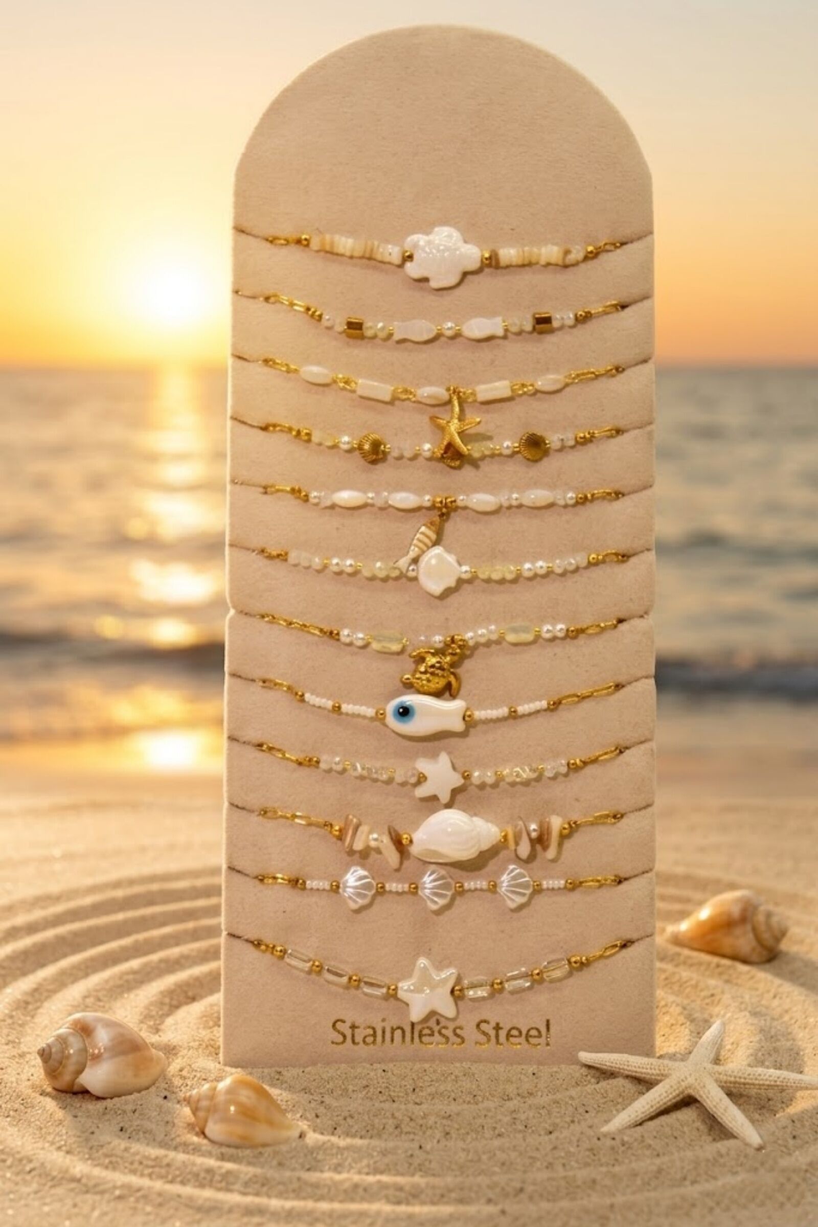 Lot de 12 Bracelets Thème Marin en Acier Inoxydable – Modèles Assortis + Présentoir Offert