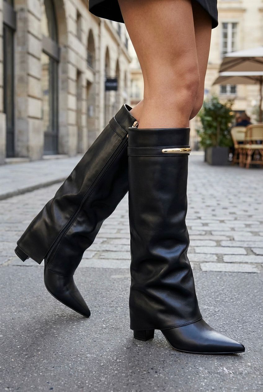 Bottes hautes à revers en PU noir pour femmes avec détails dorés (LOT DE 12 PAIRES POINTURES UK3-UK8)