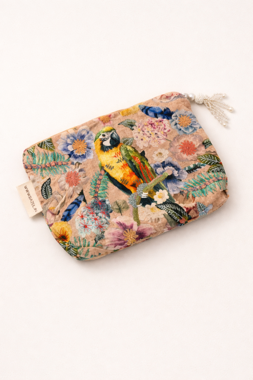 Sacchetto in cotone con ricamo floreale e pappagallo - 18x30 cm