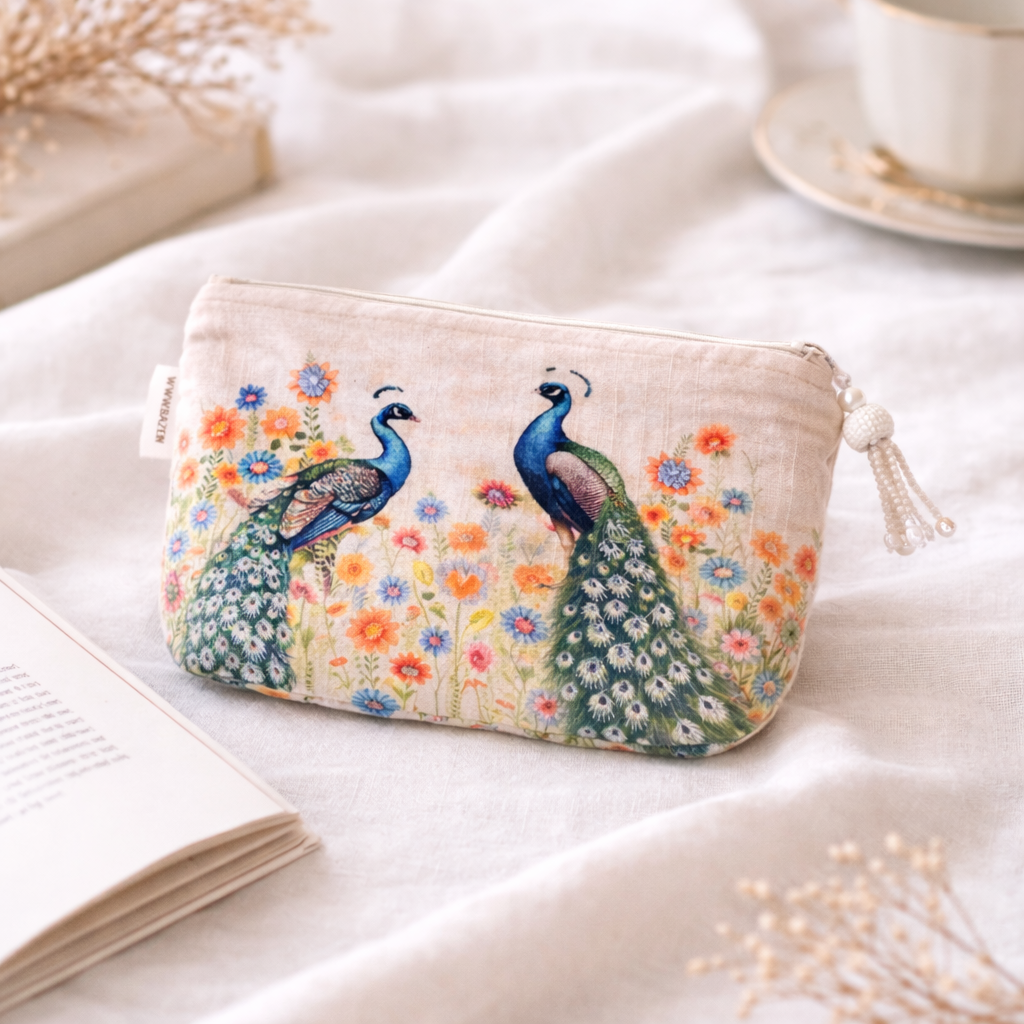 Pochette in cotone con ricamo floreale a pavone - 18x30 cm