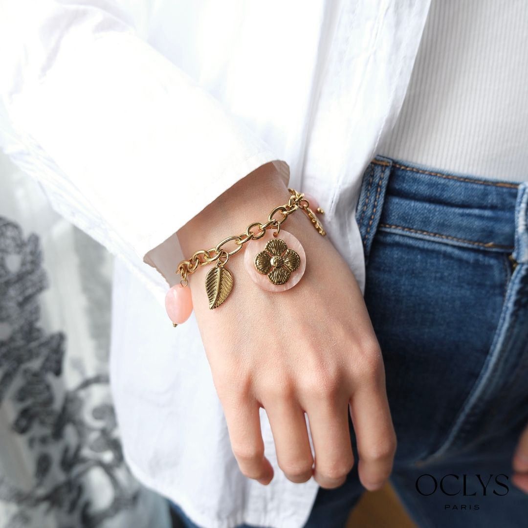 Bracelet breloques fleur résine acier inoxydable doré Funa