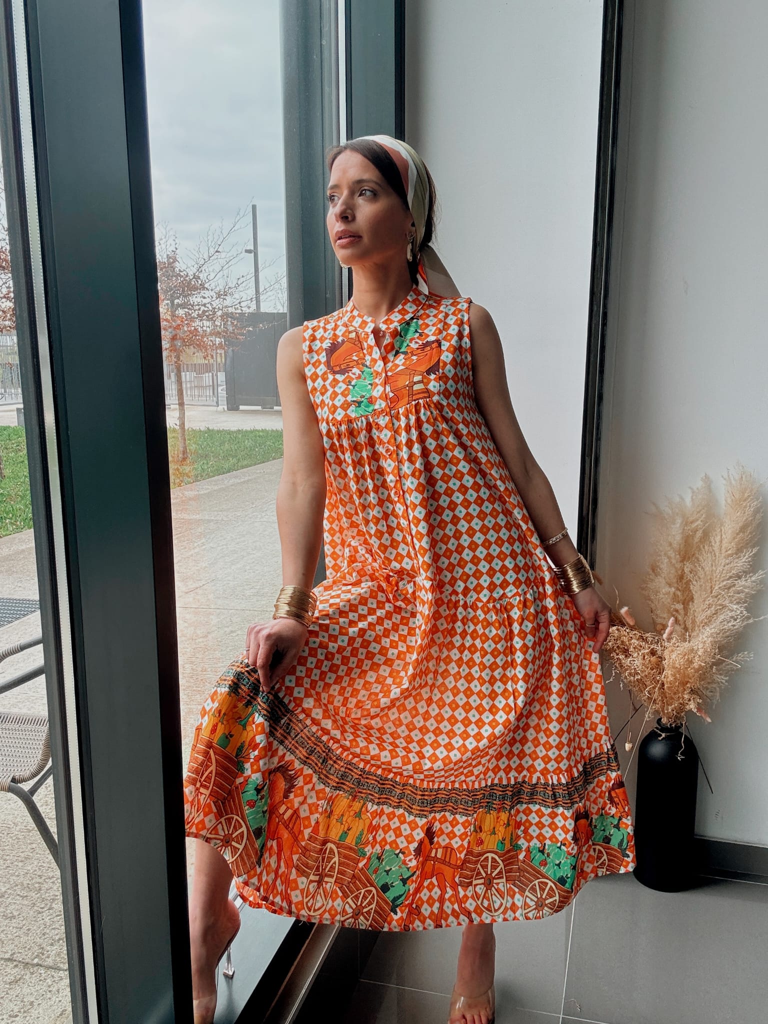Long graphic bohemian print dress – Loose and flowing cut