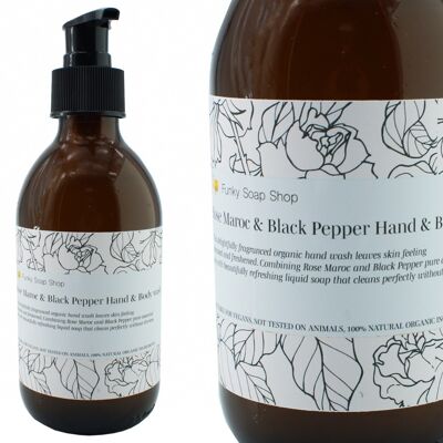 Jabón para manos y cuerpo Rose Maroc & Black Pepper, Frasco de vidrio de 250 ml