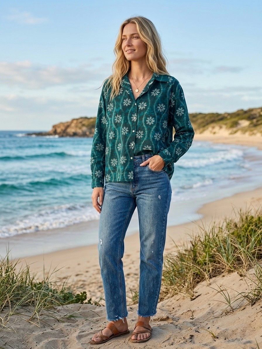 Straight-cut, long-sleeved cotton shirt - Bohemian