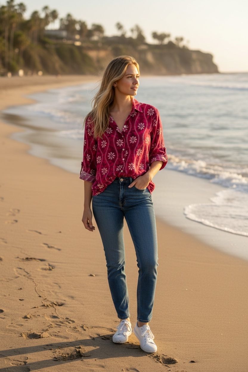 Straight-cut, long-sleeved cotton shirt - Bohemian