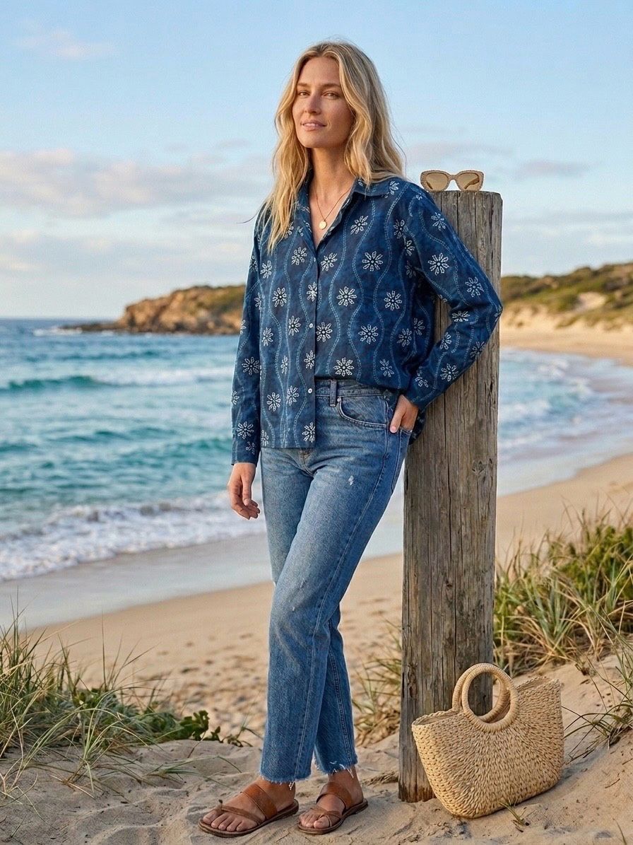 Straight-cut, long-sleeved cotton shirt - Bohemian