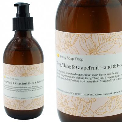 Jabón para manos y cuerpo Ylang Ylang & Grapefruit, botella de vidrio de 250 ml