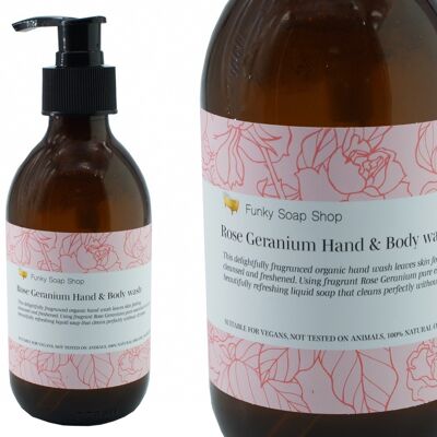 Rose Geranium Hand & Body wash, Glass Bottle of 250ml