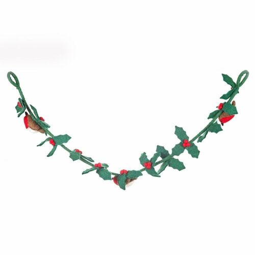 Handmade Felt Biodegradable Holly Garland with Robins Christmas Decoration