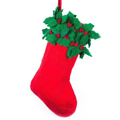 Handmade Felt Biodegradable Christmas Holly Medium Stocking