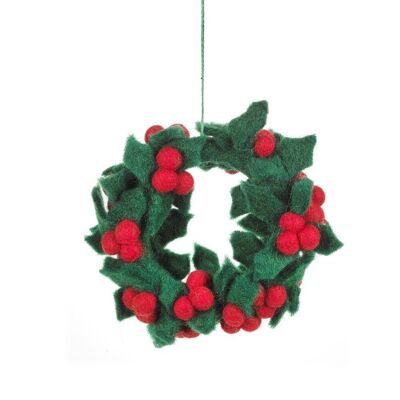 Handmade Felt Fair tade Holly Mini Wreath Christmas Decoration