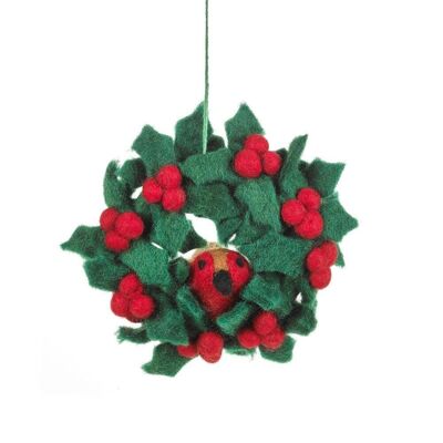 Handmade Felt Fair tade Holly Mini Wreath with Robins Christmas Decoration