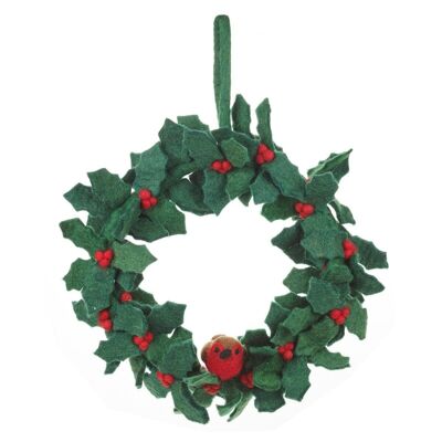 Corona de acebo de comercio justo de fieltro hecha a mano con decoración navideña de petirrojos