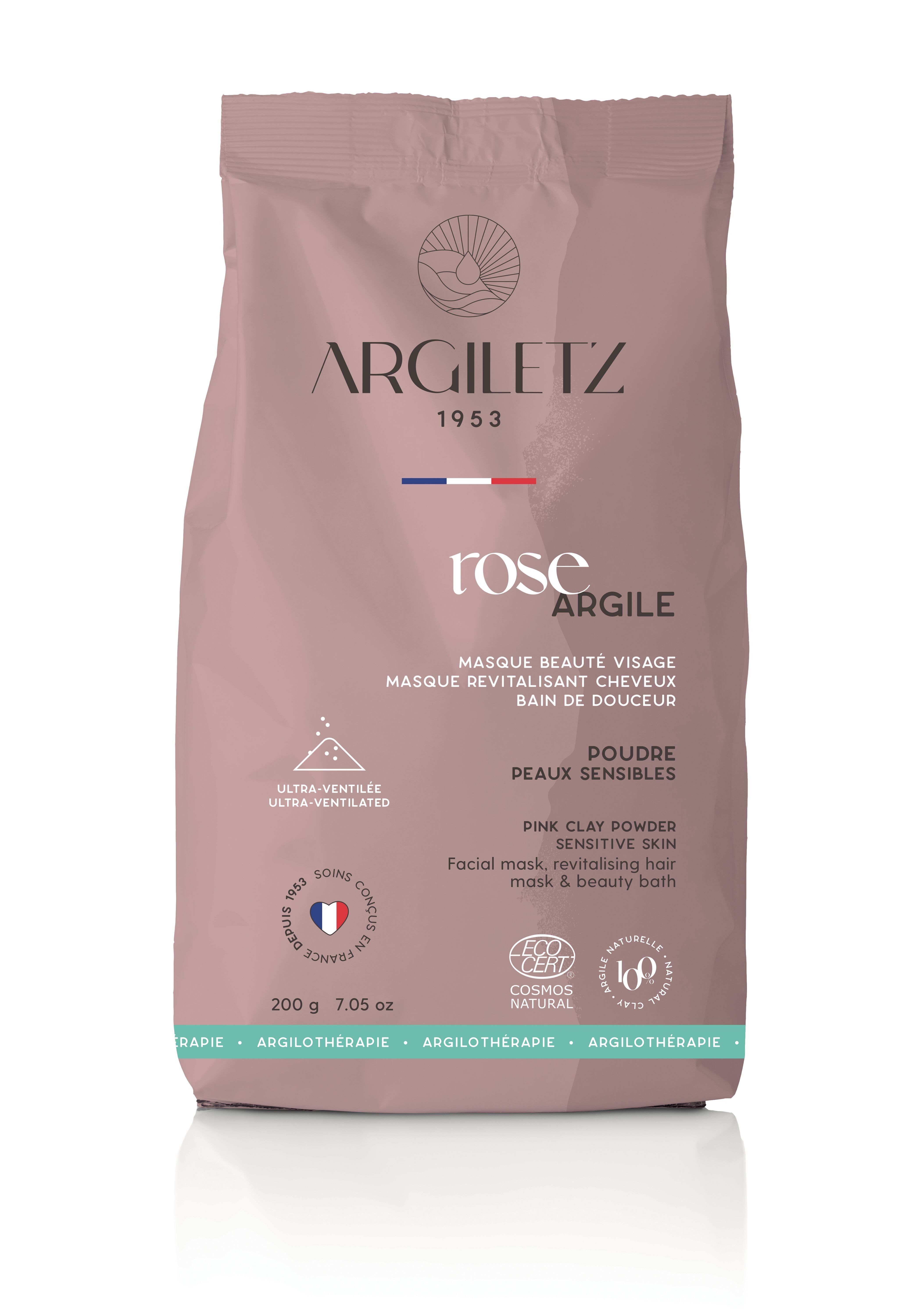Argile rose en poudre  ultra ventilée certifiée Cosmos Natural ** 200 g peaux sensibles pour masque visage, cheveux et bain