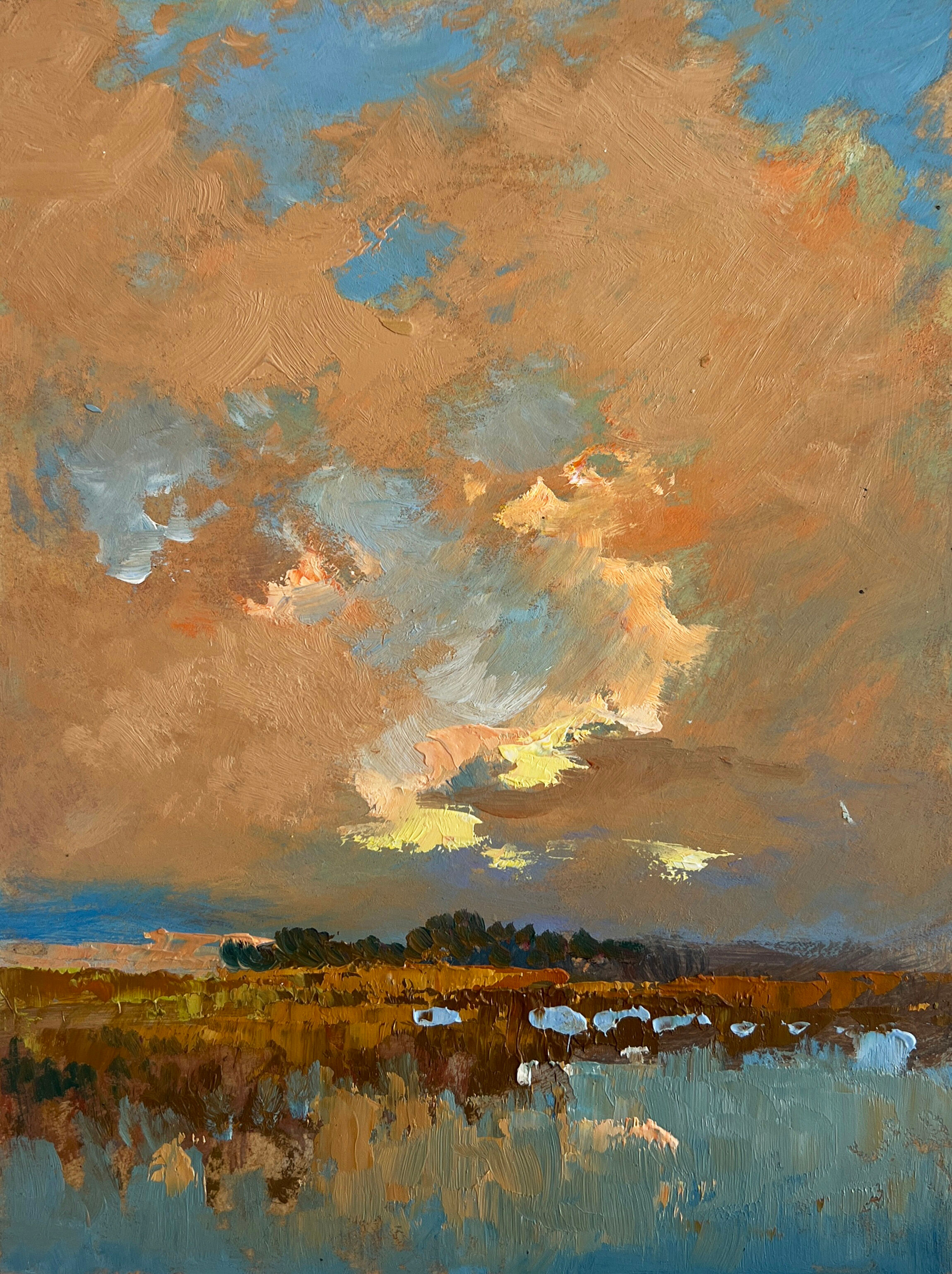 Dipinto ad olio "Tramonto sul lago" di Yuriy Suprunchuk, 20x15 cm.