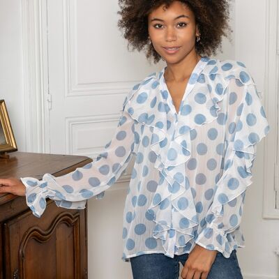 Bohemian print button-down shirt top with ruffles and V-neck