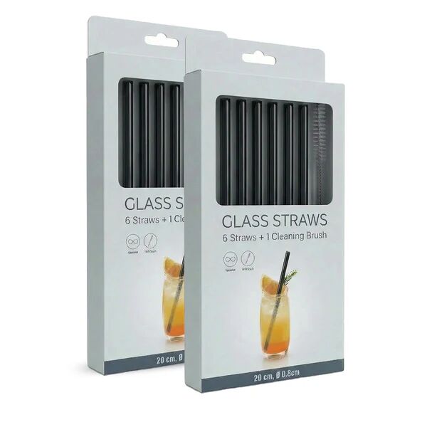12 pailles en verre noir - pailles en verre réutilisables avec 2 goupillons (droites)