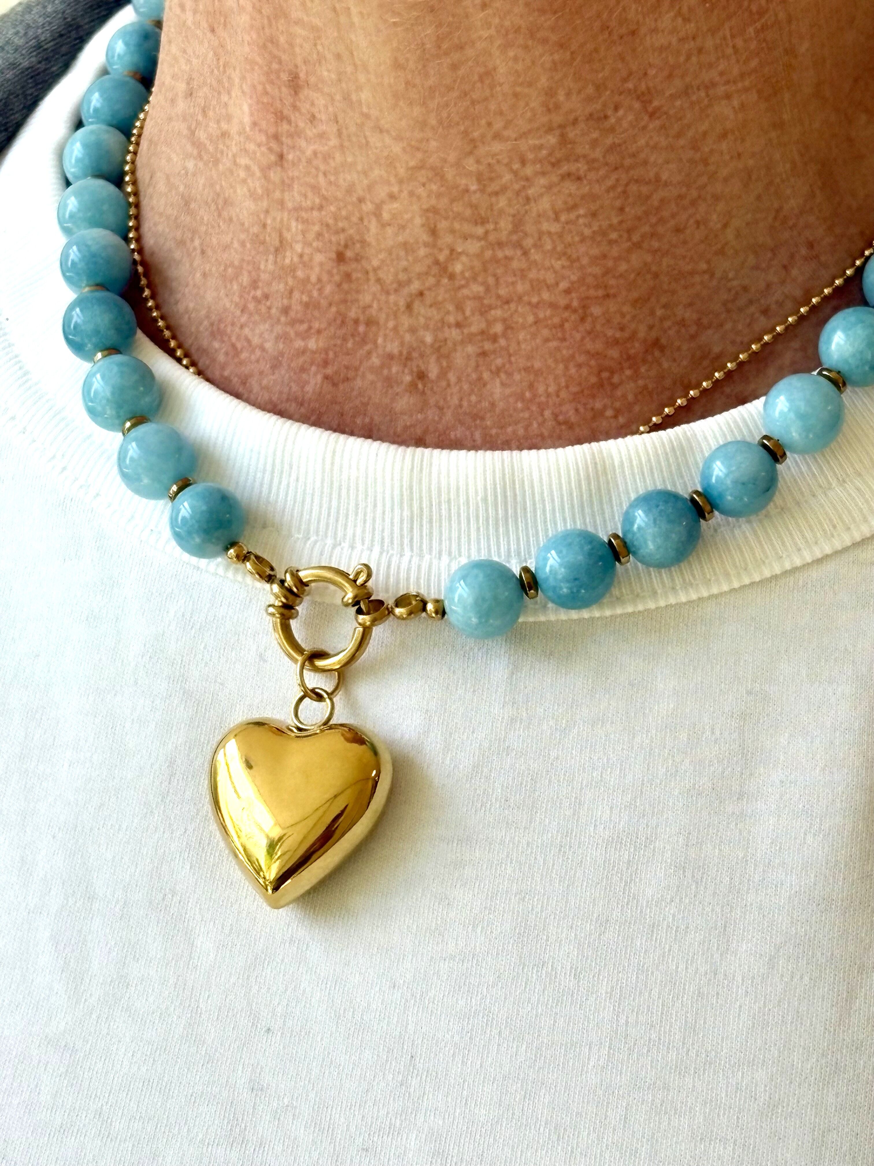 Necklace blue jade beads 10mm / heart gold