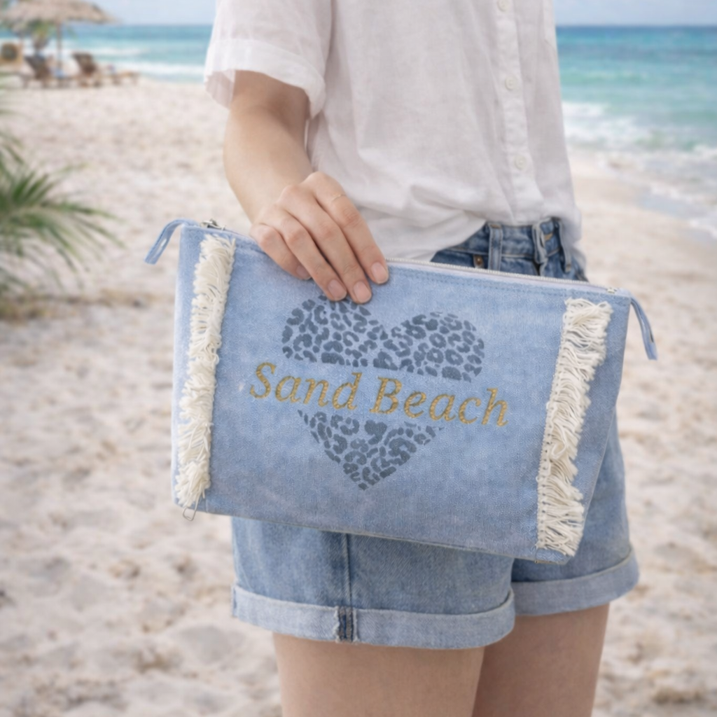 Sand Beach cotton canvas clutch with a denim effect and fringed edges
